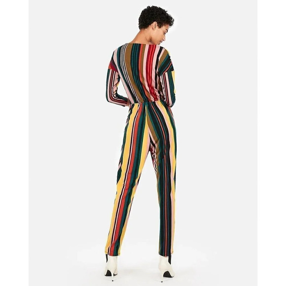 Express Colorful Stripe Twist Front Long Sleeve Straight Leg Jumpsuit S - Picture 2 of 5
